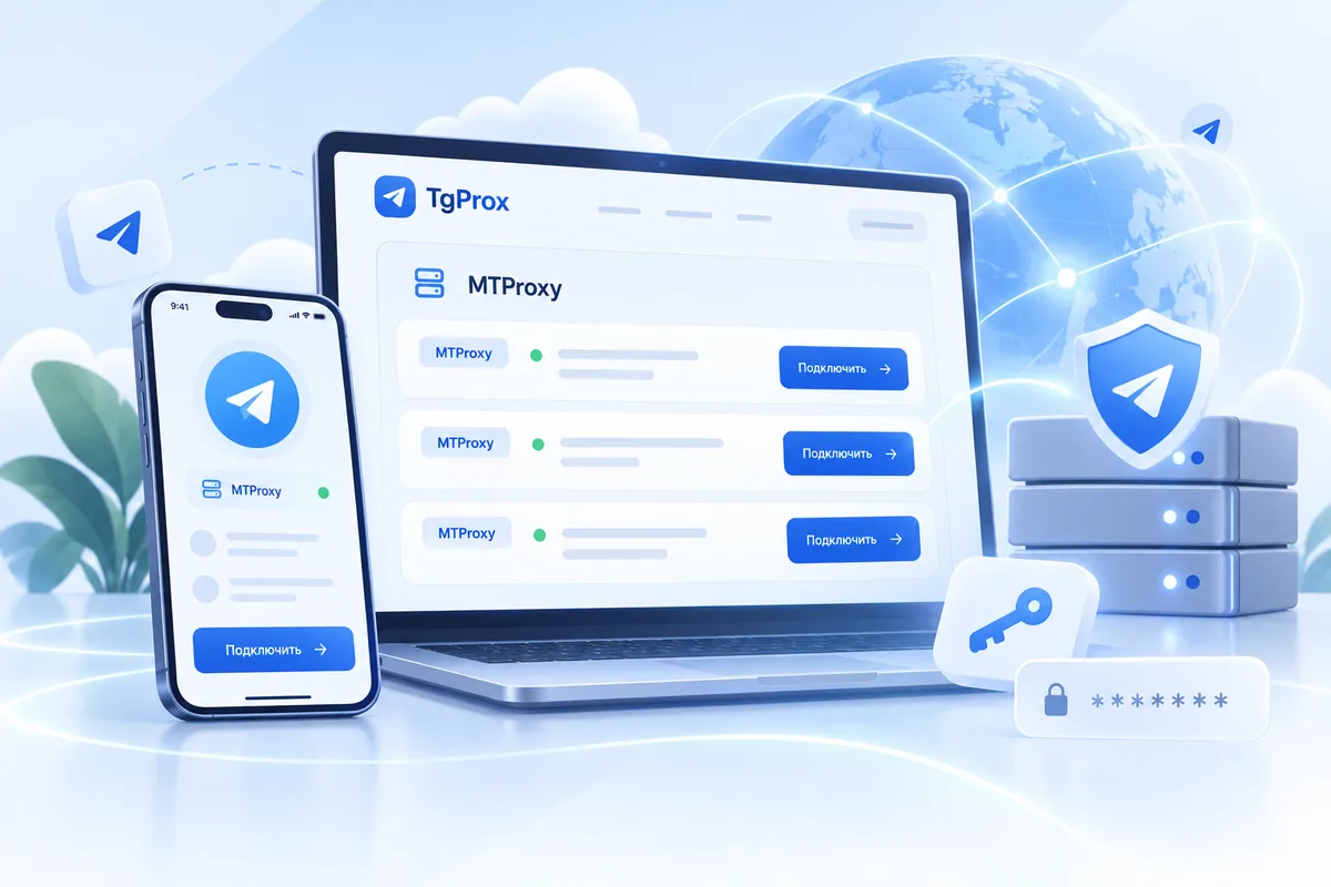 Иллюстрация MTProxy: телефон, ноутбук и параметры подключения к серверу