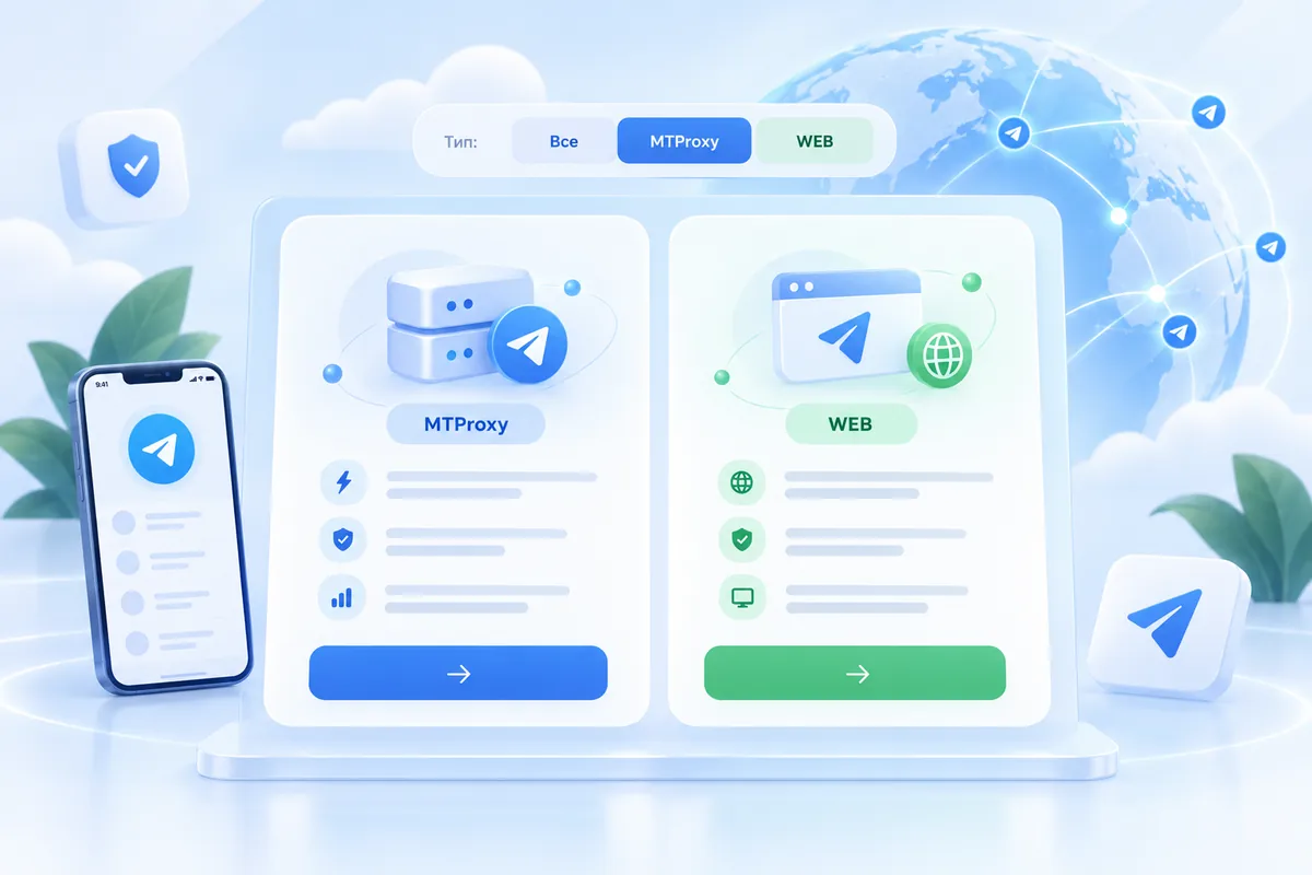 Два типа прокси: синяя карточка MTProxy и зелёная карточка WEB