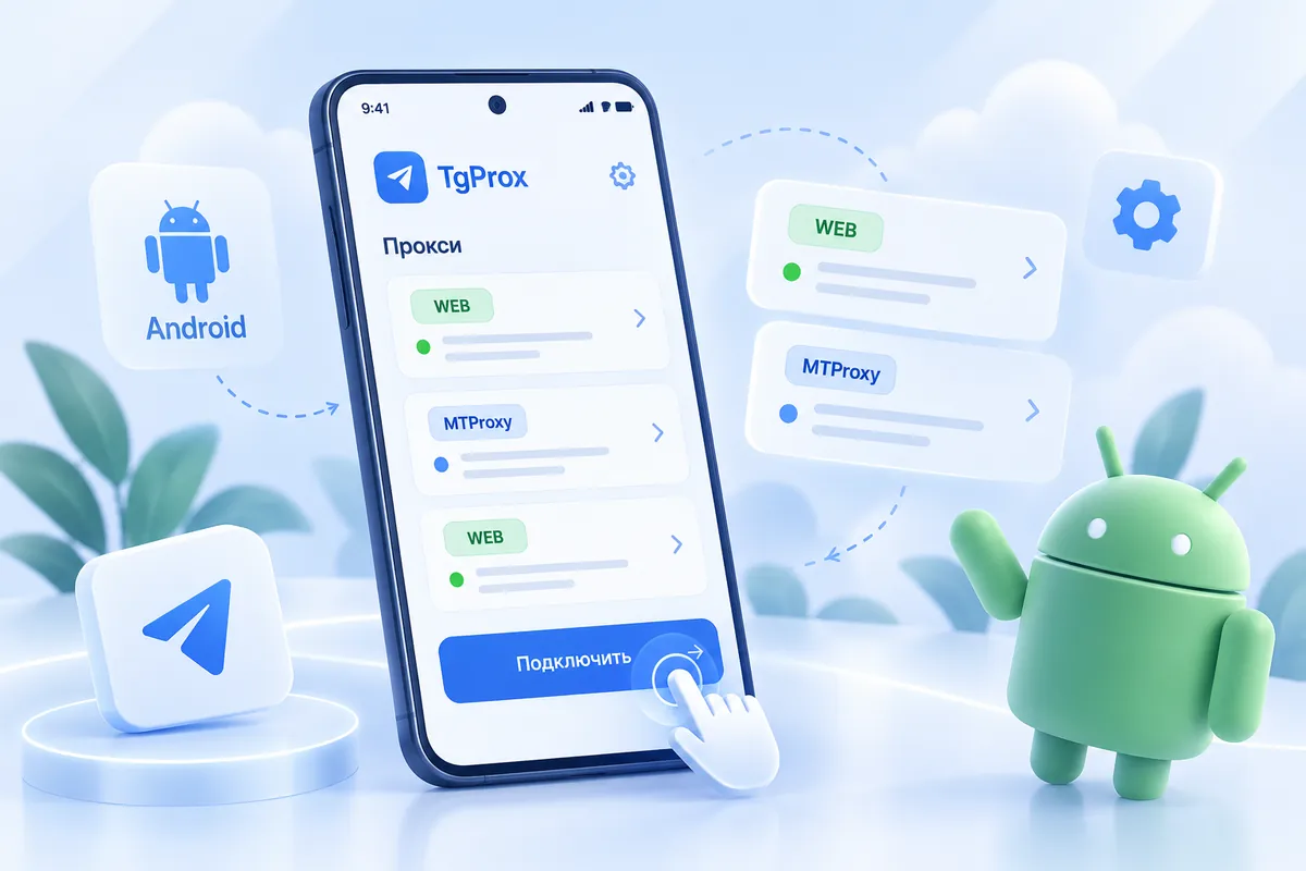 Выбор прокси и кнопка подключения на экране Android-смартфона