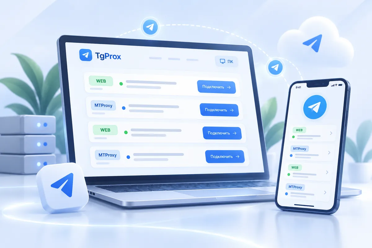 Прокси для Telegram на компьютере: ноутбук со списком адресов и телефон рядом