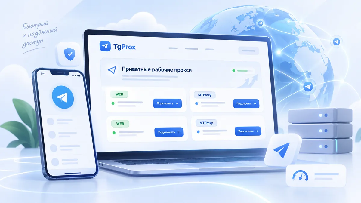 Список прокси TgProx на экране ноутбука и телефон с Telegram