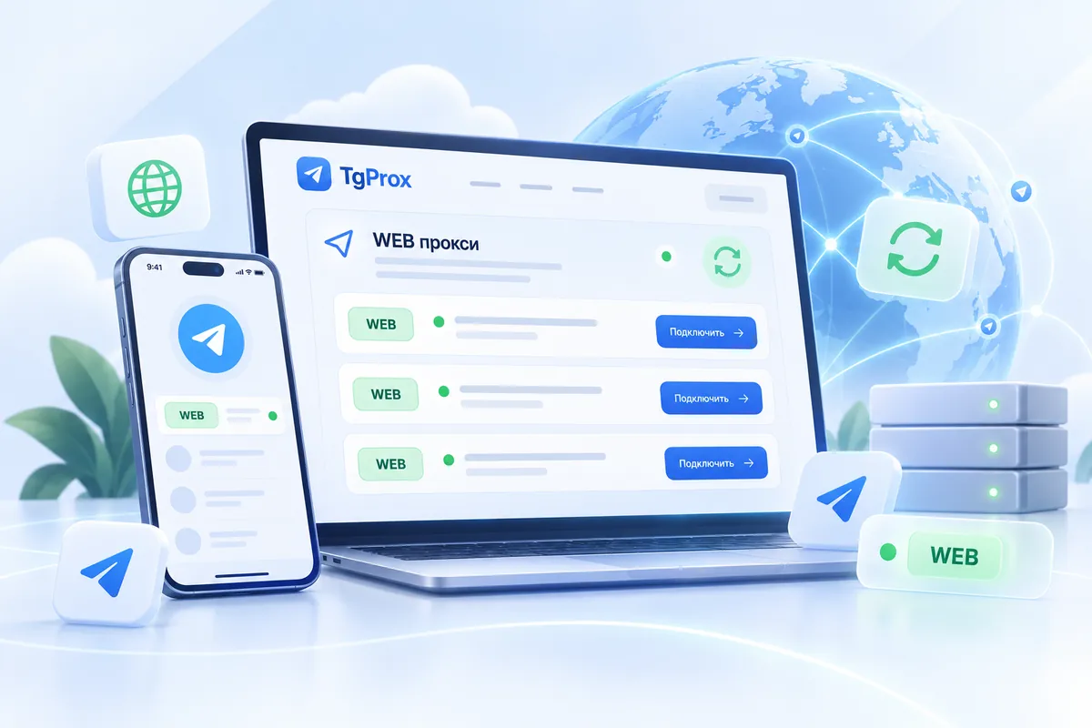 WEB-прокси с зелёными метками и значком обновления приложения Telegram